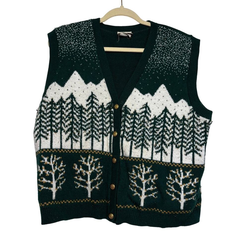 Company Collection Sweater Women XL Green White Forest Winter Grannycore Cottage